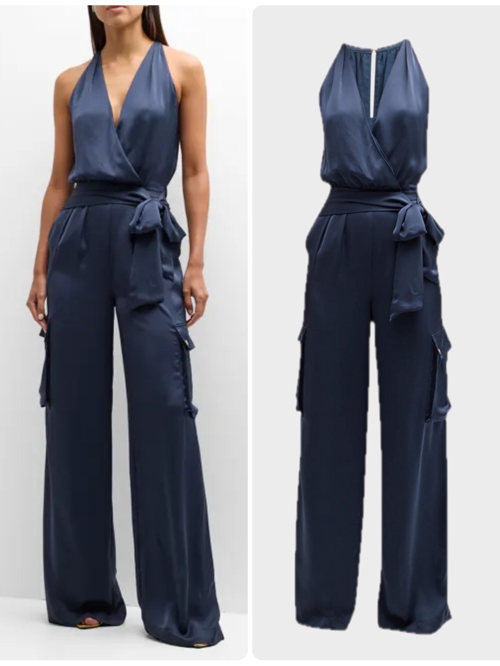 Ramy Brook Savannah Navy V‑Wrap Wide‑Leg Cargo Pockets Jumpsuit NWT $585